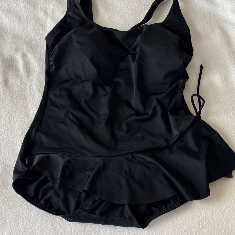 Black One-Piece Swimsuit with Ruffle Detail, Size 14, INCHES AWAY, longitude